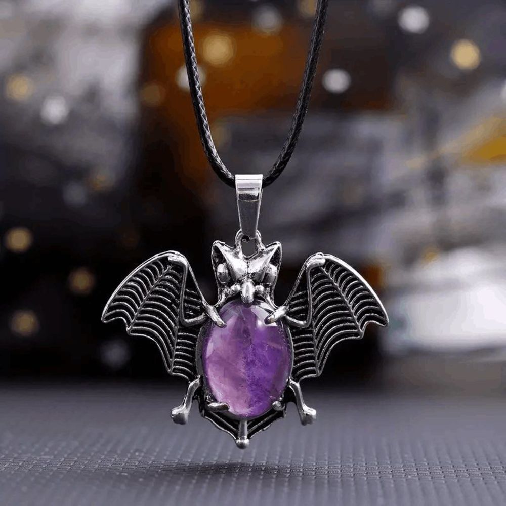 Silver Amethyst Bat Vampire Gothic Halloween Necklace Pendant
